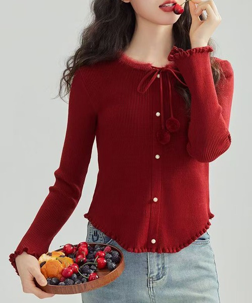 Lace Ladies（レースレディース）の「リボン パールボタン メロウ リブ ニット トップス（ニット/セーター・レディース・アイボリー/ブラック/レッド・FREE）」の11枚目の写真
