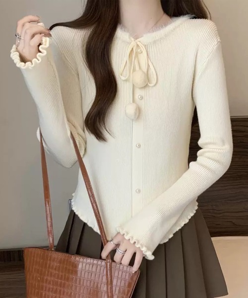 Lace Ladies（レースレディース）の「リボン パールボタン メロウ リブ ニット トップス（ニット/セーター・レディース・アイボリー/ブラック/レッド・FREE）」の12枚目の写真