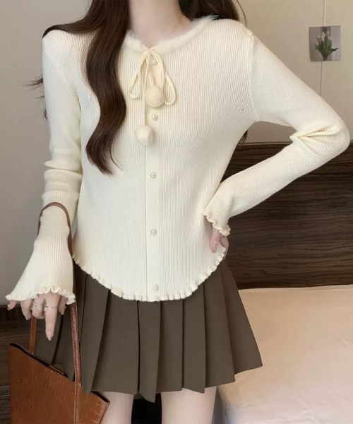 Lace Ladies（レースレディース）の「リボン パールボタン メロウ リブ ニット トップス（ニット/セーター・レディース・アイボリー/ブラック/レッド・FREE）」の13枚目の写真