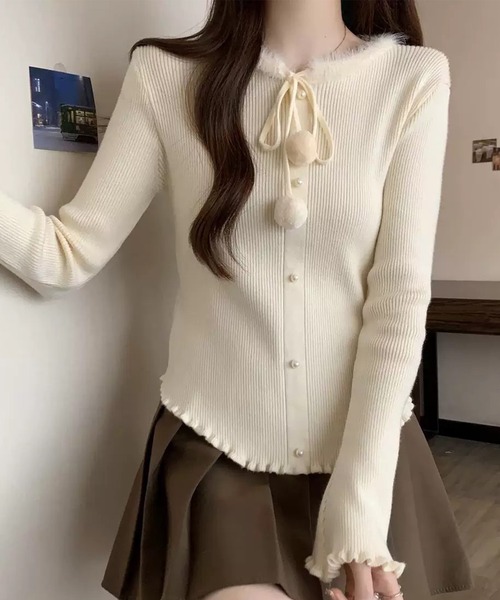 Lace Ladies（レースレディース）の「リボン パールボタン メロウ リブ ニット トップス（ニット/セーター・レディース・アイボリー/ブラック/レッド・FREE）」の14枚目の写真