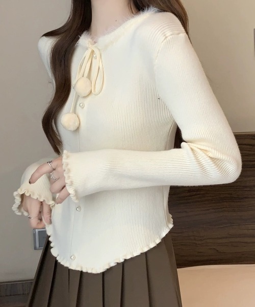 Lace Ladies（レースレディース）の「リボン パールボタン メロウ リブ ニット トップス（ニット/セーター・レディース・アイボリー/ブラック/レッド・FREE）」の15枚目の写真