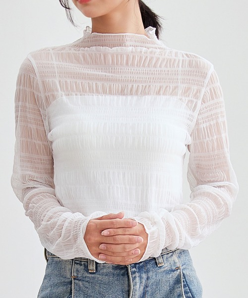 Lace Ladies（レースレディース）の「メッシュ シャーリング 長袖 ハイネック トップス（その他トップス・レディース・ホワイト/ブラック/アイボリー/パープル/ブラウン・FREE）」の2枚目の写真