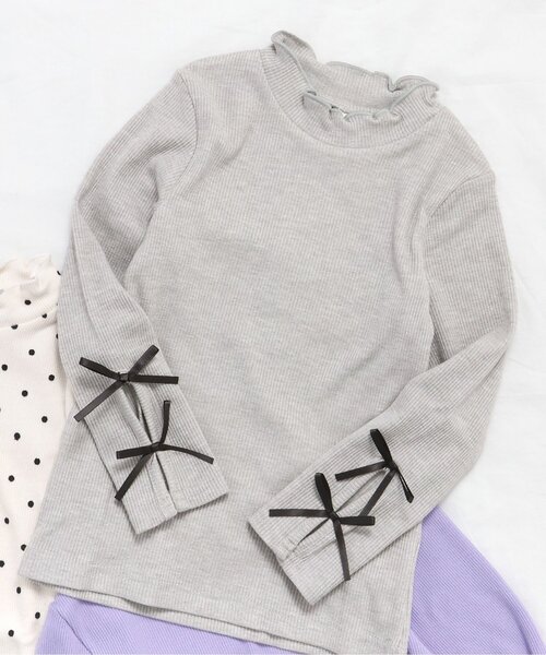 apres les cours（アプレレクール）の「【WEB限定】袖リボンリブTシャツ（Tシャツ/カットソー・キッズ・ドット/ラベンダー/エメラルド/ブラック/グレー・110/100/90/80/140/130/120）」の3枚目の写真