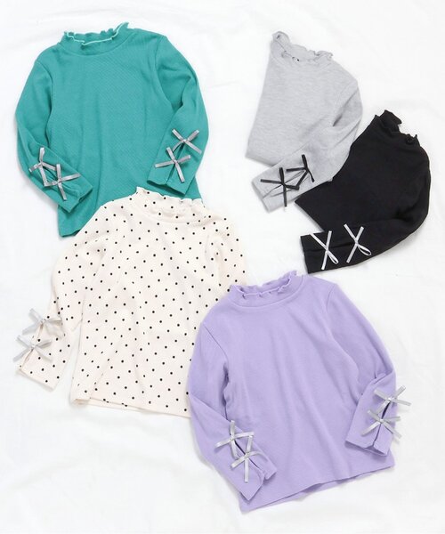 apres les cours（アプレレクール）の「【WEB限定】袖リボンリブTシャツ（Tシャツ/カットソー・キッズ・ドット/ラベンダー/エメラルド/ブラック/グレー・110/100/90/80/140/130/120）」の15枚目の写真