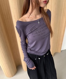 レタリング オフショルダー ボートネック 長袖 Tシャツ