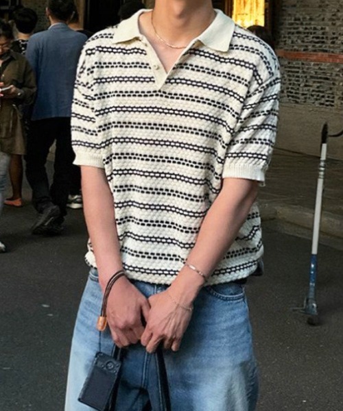 NOWLE(ノウル)の「【NOWLE】メッシュボーダー 透かし編み ニット 半袖 ポロシャツ(ポロシャツ・メンズ・オフホワイト・MEDIUM/LARGE/X-LARGE)」の1枚目の写真