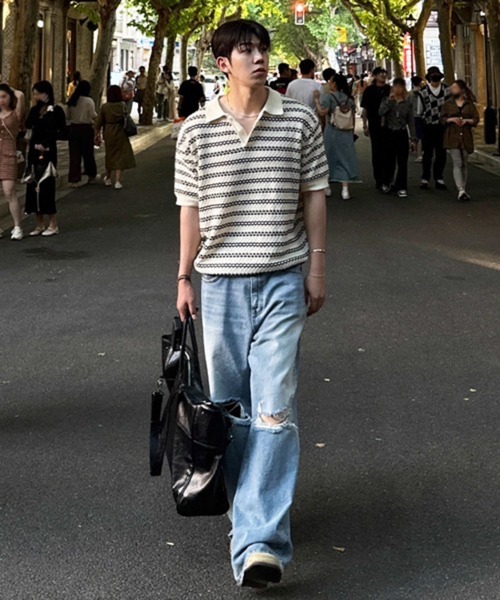 NOWLE(ノウル)の「【NOWLE】メッシュボーダー 透かし編み ニット 半袖 ポロシャツ(ポロシャツ・メンズ・オフホワイト・MEDIUM/LARGE/X-LARGE)」の7枚目の写真