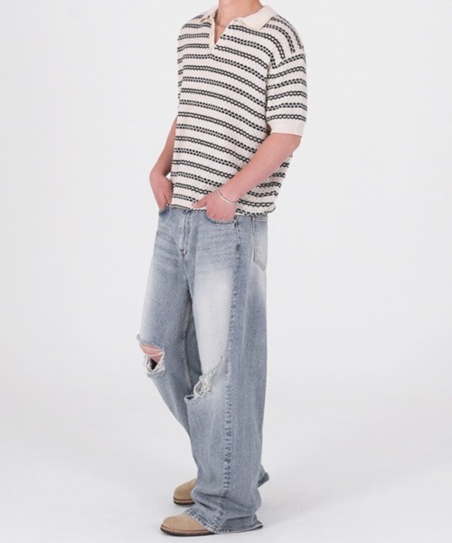 NOWLE(ノウル)の「【NOWLE】メッシュボーダー 透かし編み ニット 半袖 ポロシャツ(ポロシャツ・メンズ・オフホワイト・MEDIUM/LARGE/X-LARGE)」の13枚目の写真