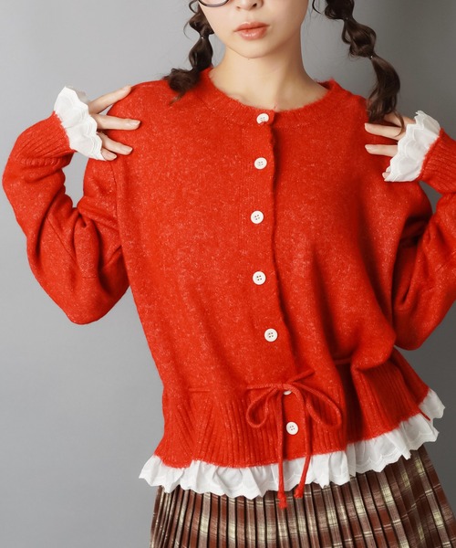 ミニフリルニットカーディガン ノーカラーニットカーディガン/裾フリル（カーディガン/ボレロ