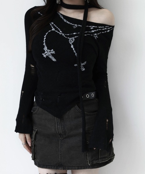 VEILA(ヴェイラ)の「クロスチェーンプリント ダメージカットアウトトップス(Tシャツ/カットソー・レディース・ブラック・フリー)」の3枚目の写真