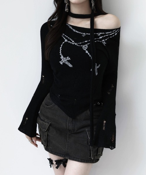 VEILA(ヴェイラ)の「クロスチェーンプリント ダメージカットアウトトップス(Tシャツ/カットソー・レディース・ブラック・フリー)」の7枚目の写真