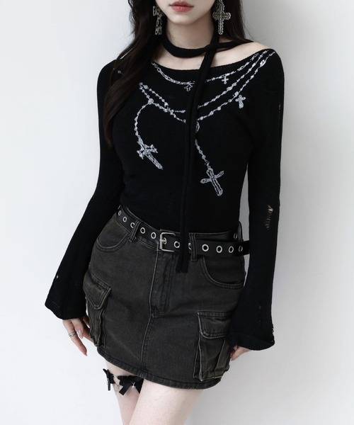 VEILA(ヴェイラ)の「クロスチェーンプリント ダメージカットアウトトップス(Tシャツ/カットソー・レディース・ブラック・フリー)」の14枚目の写真