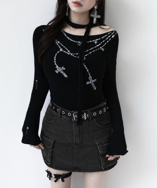 VEILA(ヴェイラ)の「クロスチェーンプリント ダメージカットアウトトップス(Tシャツ/カットソー・レディース・ブラック・フリー)」の15枚目の写真