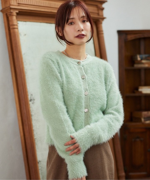 mysty woman(ミスティウーマン)の「ラメシャギーニットカーディガン 607531(ニット/セーター・レディース・ブラック/グレー系その他/ミント/ラベンダー・FREE)」の1枚目の写真