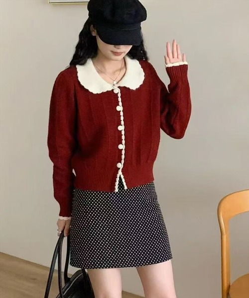 STAY MOTION（ステイモーション）の「【WEB限定】丸襟配色ニットトップス［韓国ファッション ガーリー］≪AW新作≫（ニット/セーター・レディース・アイボリー/ブラック/レッド・F）」の3枚目の写真
