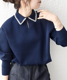 SHIPS any:〈手洗い可能〉パール モチーフ 襟付き スキッパー ニット プルオーバー