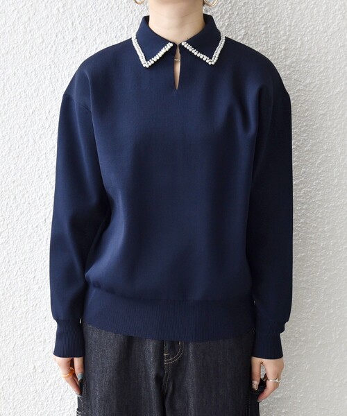 シップス エニィ（SHIPS any）/SHIPS any:〈手洗い可能〉パール モチーフ 襟付き スキッパー ニット プルオーバー セール】SHIPS any:〈手洗い可能〉パール モチーフ 襟付き スキッパー