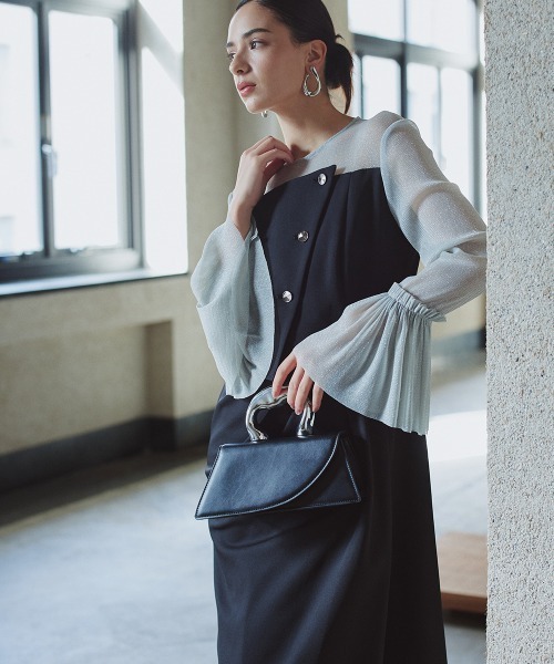 Callarus（カラルス）の「チュールフレアスリーブアシメドレープデザインワンピースドレス〔Callarus〕（ドレス・レディース・ブラック系その他/チャコール/パープル・M/L/LL/3L/S）」の2枚目の写真