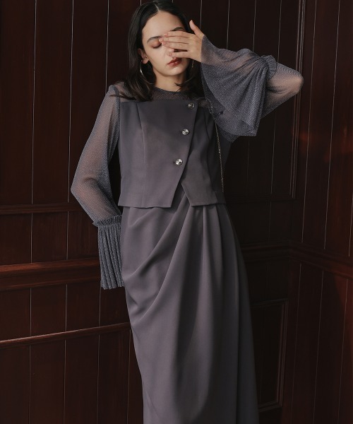 Callarus（カラルス）の「チュールフレアスリーブアシメドレープデザインワンピースドレス〔Callarus〕（ドレス・レディース・ブラック系その他/チャコール/パープル・M/L/LL/3L/S）」の3枚目の写真