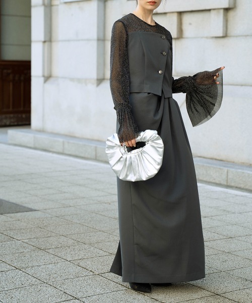 Callarus（カラルス）の「チュールフレアスリーブアシメドレープデザインワンピースドレス〔Callarus〕（ドレス・レディース・ブラック系その他/チャコール/パープル・M/L/LL/3L/S）」の5枚目の写真