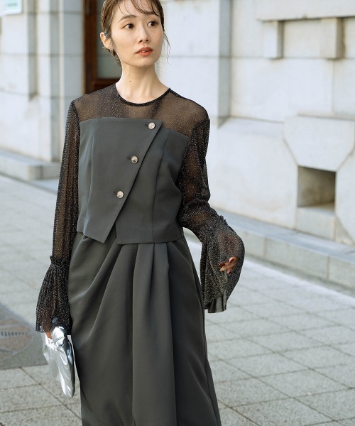 Callarus（カラルス）の「チュールフレアスリーブアシメドレープデザインワンピースドレス〔Callarus〕（ドレス・レディース・ブラック系その他/チャコール/パープル・M/L/LL/3L/S）」の7枚目の写真