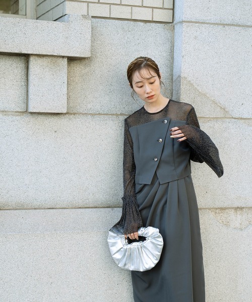 Callarus（カラルス）の「チュールフレアスリーブアシメドレープデザインワンピースドレス〔Callarus〕（ドレス・レディース・ブラック系その他/チャコール/パープル・M/L/LL/3L/S）」の9枚目の写真