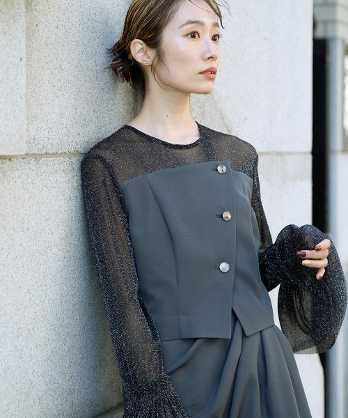 Callarus（カラルス）の「チュールフレアスリーブアシメドレープデザインワンピースドレス〔Callarus〕（ドレス・レディース・ブラック系その他/チャコール/パープル・M/L/LL/3L/S）」の10枚目の写真