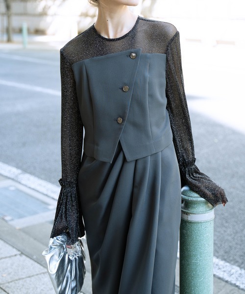 Callarus（カラルス）の「チュールフレアスリーブアシメドレープデザインワンピースドレス〔Callarus〕（ドレス・レディース・ブラック系その他/チャコール/パープル・M/L/LL/3L/S）」の11枚目の写真