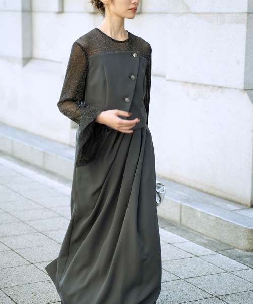 Callarus（カラルス）の「チュールフレアスリーブアシメドレープデザインワンピースドレス〔Callarus〕（ドレス・レディース・ブラック系その他/チャコール/パープル・M/L/LL/3L/S）」の12枚目の写真