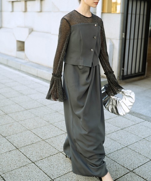 Callarus（カラルス）の「チュールフレアスリーブアシメドレープデザインワンピースドレス〔Callarus〕（ドレス・レディース・ブラック系その他/チャコール/パープル・M/L/LL/3L/S）」の13枚目の写真