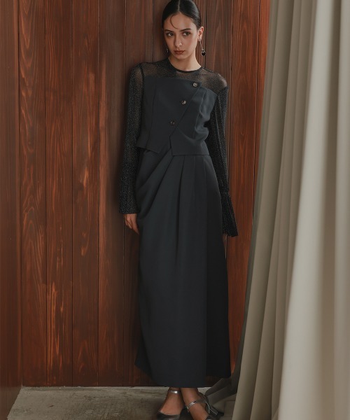 チュールフレアスリーブアシメドレープデザインワンピースドレス