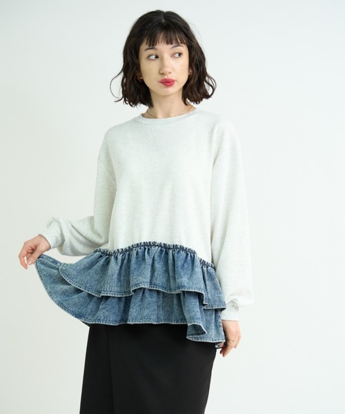 A.D.C.L.（エーディーシーエル）の「デニムフリル切替 裏毛プルオーバー（Tシャツ/カットソー・レディース・ブルー/ブラック・L/M）」の12枚目の写真