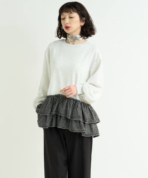 A.D.C.L.（エーディーシーエル）の「デニムフリル切替 裏毛プルオーバー（Tシャツ/カットソー・レディース・ブルー/ブラック・L/M）」の7枚目の写真