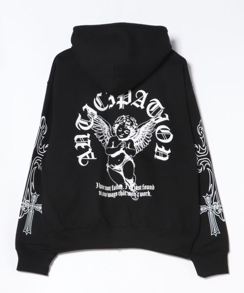 NYLAUS(ナイラス)の「【NYS】裏起毛 エンジェル クロス バックプリント フルジップパーカー ZIPパーカー ユニセックス(パーカー・メンズ・ブラック系その他/ブラック/ホワイト・M/L)」の4枚目の写真