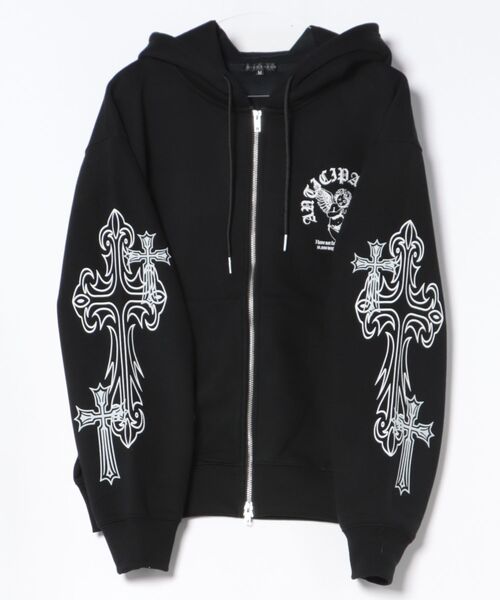 NYLAUS(ナイラス)の「【NYS】裏起毛 エンジェル クロス バックプリント フルジップパーカー ZIPパーカー ユニセックス(パーカー・メンズ・ブラック系その他/ブラック/ホワイト・M/L)」の6枚目の写真