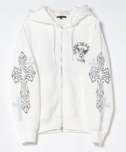 NYLAUS(ナイラス)の「【NYS】裏起毛 エンジェル クロス バックプリント フルジップパーカー ZIPパーカー ユニセックス(パーカー・メンズ・ブラック系その他/ブラック/ホワイト・M/L)」の7枚目の写真