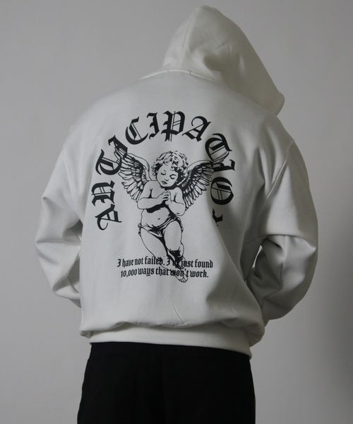 セール】【NYS】裏起毛 エンジェル クロス バックプリント フルジップ