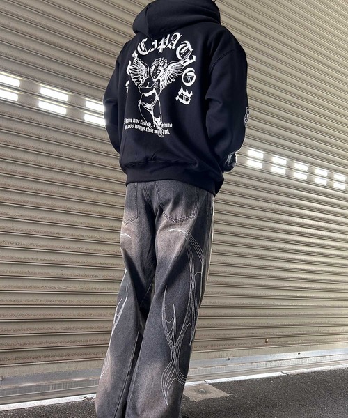 NYLAUS(ナイラス)の「【NYS】裏起毛 エンジェル クロス バックプリント フルジップパーカー ZIPパーカー ユニセックス(パーカー・メンズ・ブラック系その他/ブラック/ホワイト・M/L)」の20枚目の写真