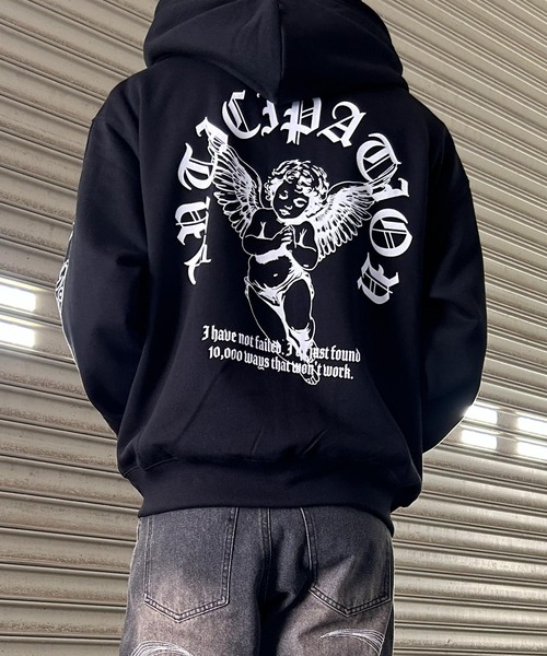 NYLAUS(ナイラス)の「【NYS】裏起毛 エンジェル クロス バックプリント フルジップパーカー ZIPパーカー ユニセックス(パーカー・メンズ・ブラック系その他/ブラック/ホワイト・M/L)」の18枚目の写真