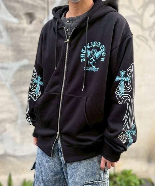 NYLAUS(ナイラス)の「【NYS】裏起毛 エンジェル クロス バックプリント フルジップパーカー ZIPパーカー ユニセックス(パーカー・メンズ・ブラック系その他/ブラック/ホワイト・M/L)」の9枚目の写真