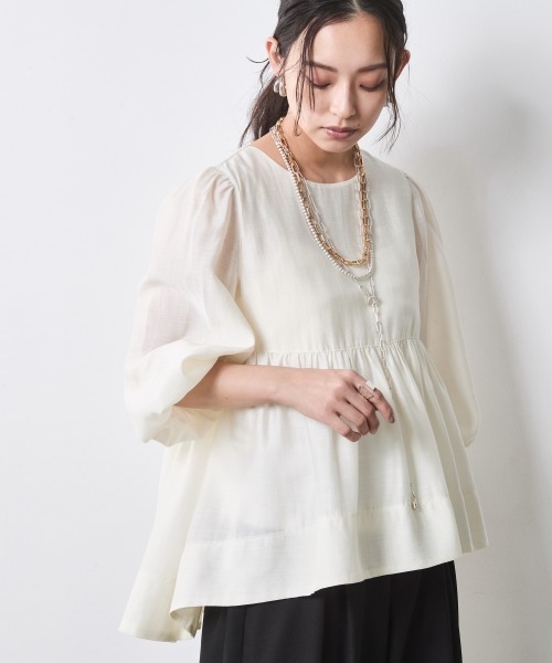 CHIC STYLE(シックスタイル)の「シアーギャザーブラウス<大きいサイズ有>シックスタイル(シャツ/ブラウス・レディース・ネイビー/アイボリー・M/L/LL/3L/4L/5L)」の1枚目の写真
