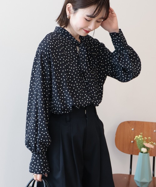 イージーケア】ドット柄ボウタイブラウス（シャツ/ブラウス