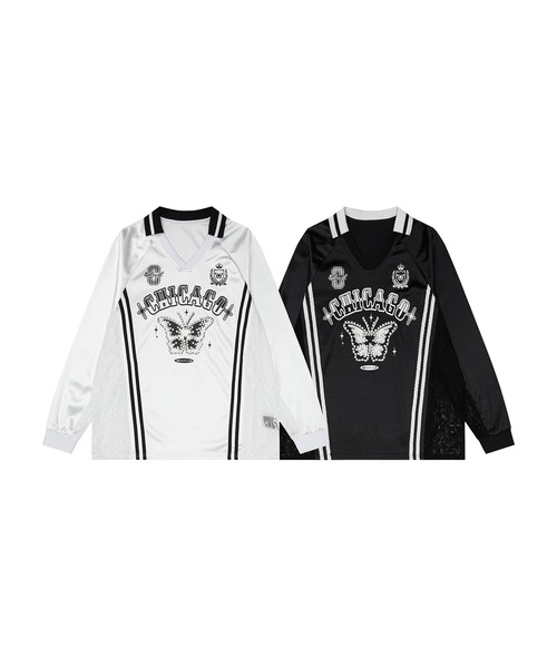 HOOK(フック)の「ストーンバタフライ カレッジトップス(Tシャツ/カットソー・レディース・ホワイト/ブラック・M)」の3枚目の写真