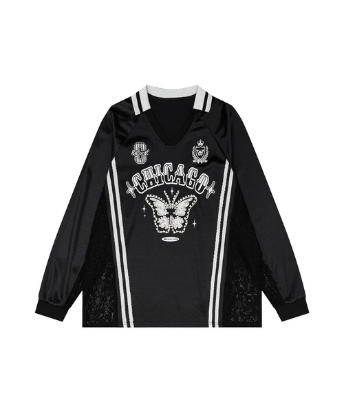 HOOK(フック)の「ストーンバタフライ カレッジトップス(Tシャツ/カットソー・レディース・ホワイト/ブラック・M)」の7枚目の写真