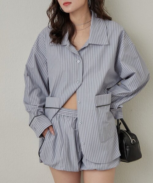 mline（エムライン）の「[mline]パジャマ ビッグシャツ（シャツ/ブラウス・レディース・ブルー/アイボリー・FREE）」の2枚目の写真