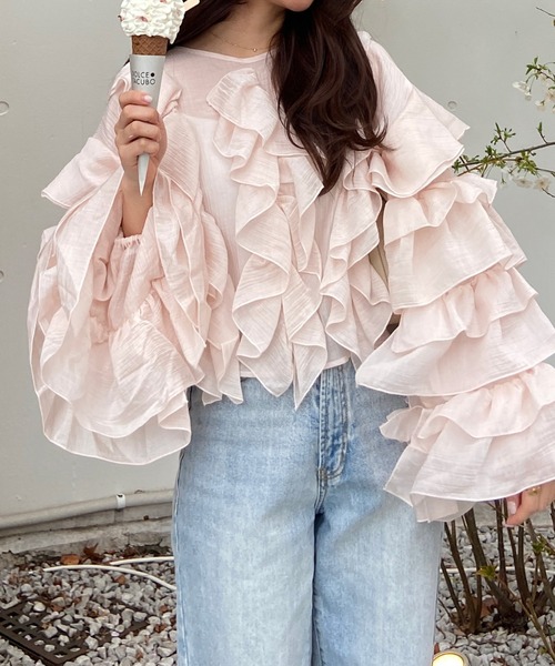 mic by Olu.（ミックバイオルドット）の「＜ ZOZOTOWN限定 ＞ラッフルシアーブラウス（シャツ/ブラウス・レディース・ピンク/オフホワイト・FREE）」の7枚目の写真