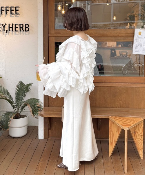 mic by Olu.（ミックバイオルドット）の「＜ ZOZOTOWN限定 ＞ラッフルシアーブラウス（シャツ/ブラウス・レディース・ピンク/オフホワイト・FREE）」の9枚目の写真