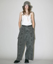 【my beautiful landlet】 PIGMENT PRINT WASHED DENIM WIDE CARGO PANTS - black