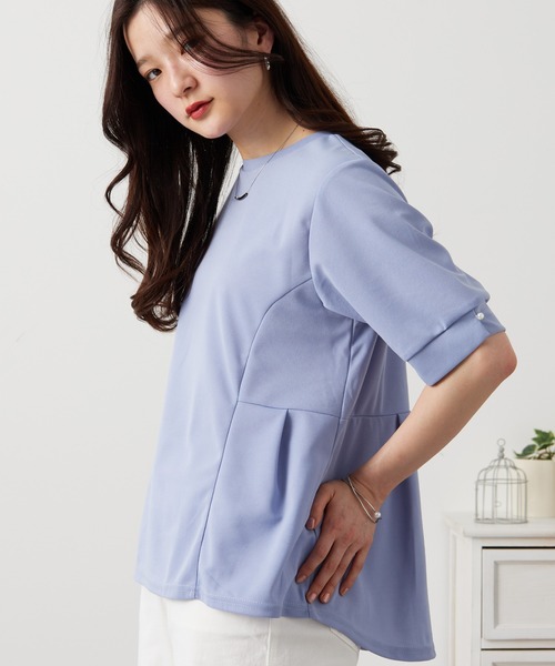 BELLUNA PLUS（ベルーナ）の「ジョーゼット素材タック使いＴブラウス（シャツ/ブラウス・レディース・サックスブルー/ピンク/オフホワイト/ネイビー/ストライプ・MEDIUM/LARGE/X-LARGE）」の3枚目の写真