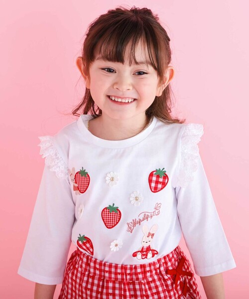 SLAP SLIP(スラップスリップ)の「肩フリル7分丈天竺Tシャツ(80~130cm)(Tシャツ/カットソー・キッズ・ブルー/ホワイト・90cm/80cm/130cm/110cm/120cm/100cm)」の1枚目の写真